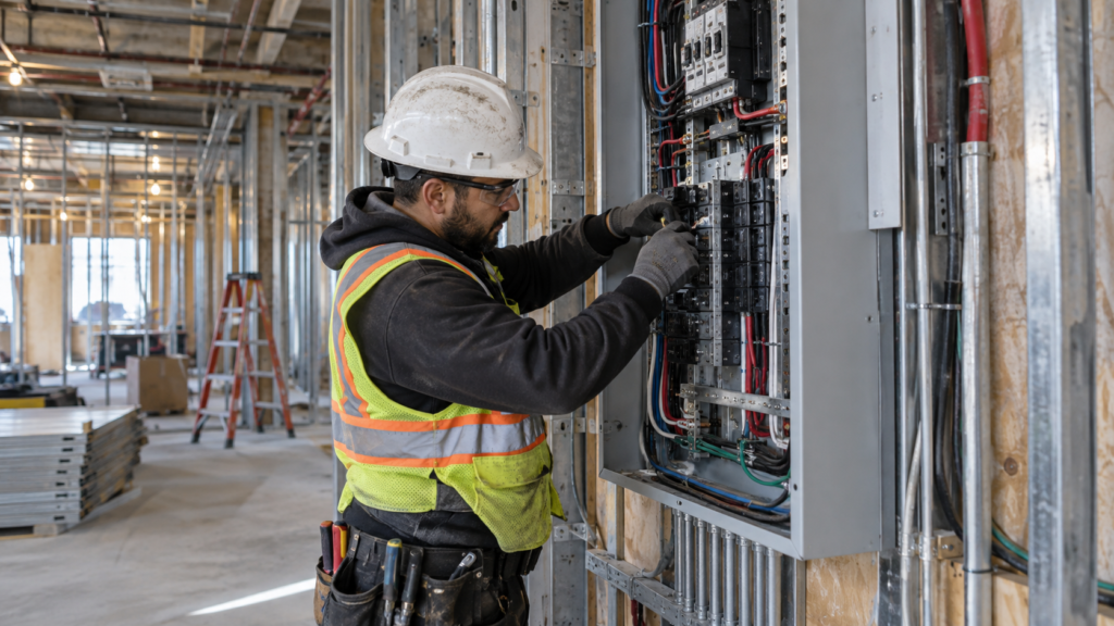 ChatGPT Image Sep 20, 2026, 08_26_35 PM Commercial electrician working on an electrical panel at a building construction site