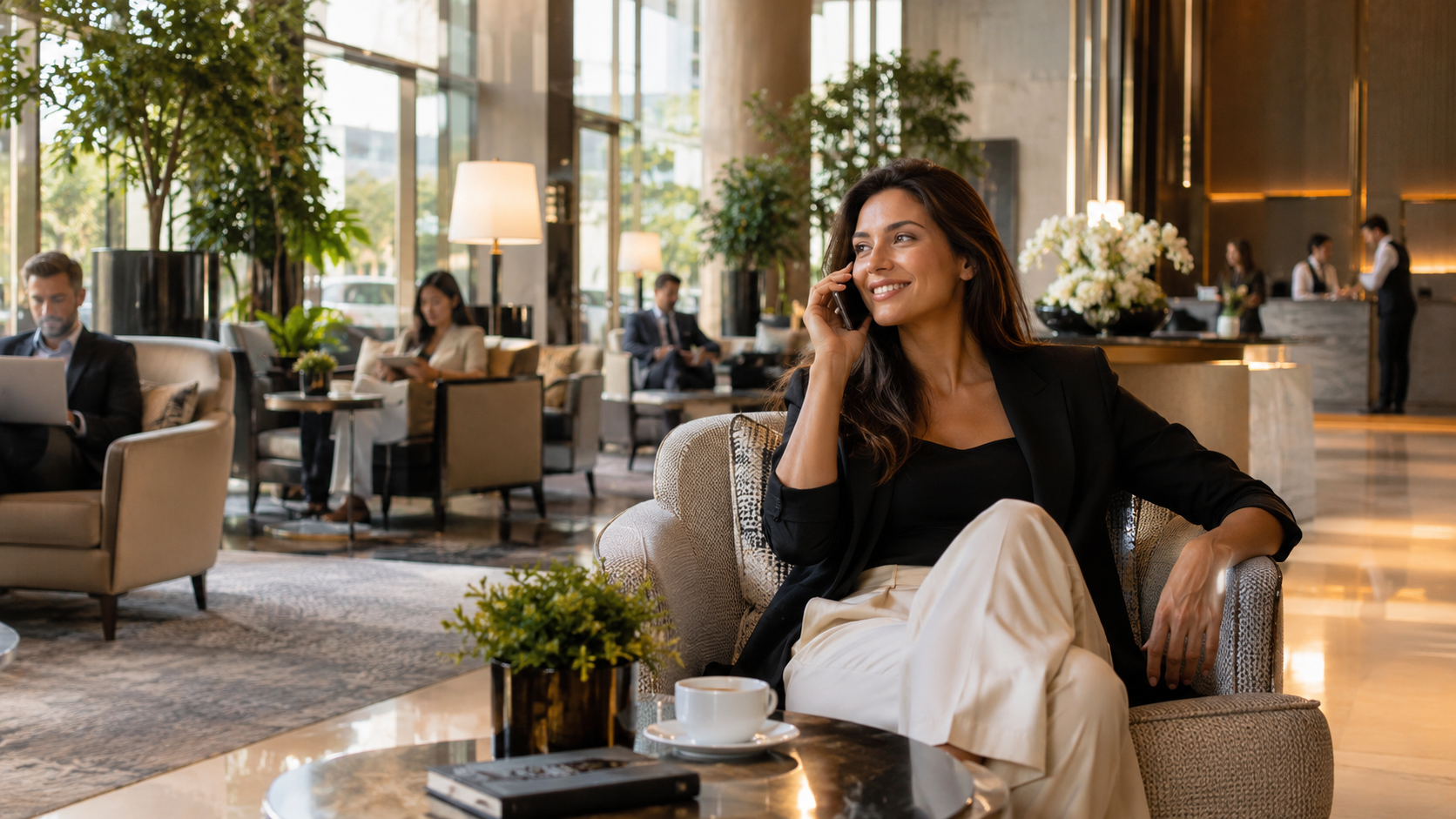 ChatGPT Image Sep 20, 2026, 08_34_43 PM Hotel guest using a mobile phone in a modern lobby with reliable indoor wireless coverage