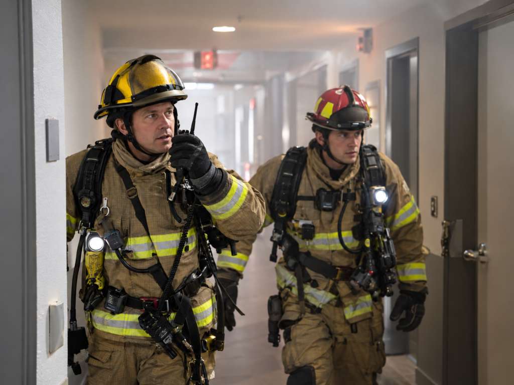 ChatGPT Image Sep 20, 2026, 08_49_23 PM Firefighters using two-way radio communication inside a commercial building supported by Public Safety DAS and BDA coverage.