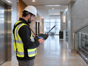 3 RF technician performing an in-building public safety radio site survey