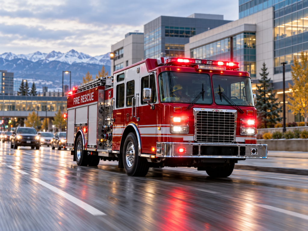 Fire Rescue Truck on Wet Mountain City Street Calgary fire truck responding to an emergency in downtown Calgary, Alberta