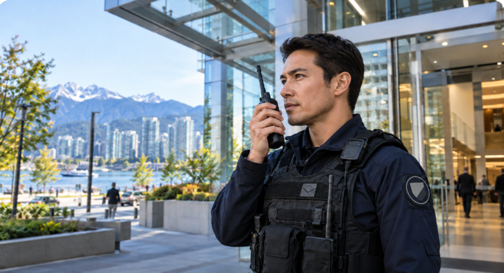 Male Security Officer at Glass Waterfront Entrance Male security officer using a two-way radio outside a commercial building in British Columbia